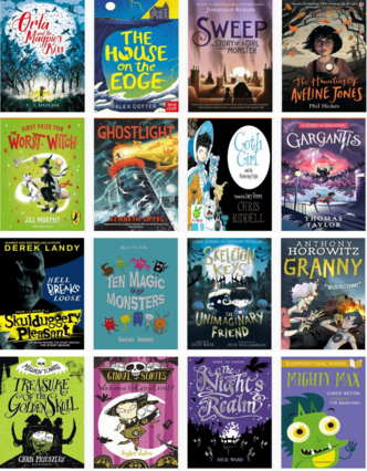 A collection of the front covers of children's fiction with a spooky theme