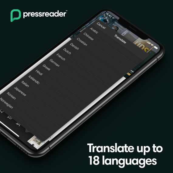 Pressreader poster showing phone screen open at translate option. Text reads translate up to 18 languages.