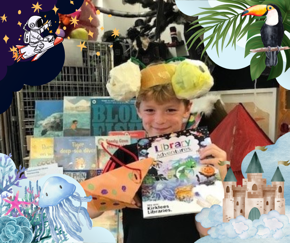Smiling boy holding library adventures booklet surrounded by images from inside the book