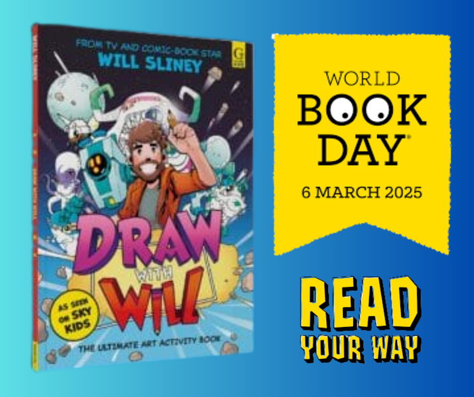 Image of Will Sliney's Draw with Will book cover and World Book Day 2025 logos