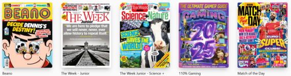 Pressreader magazine covers including The Beano, Match of the Day, The Week Junior and 110% Gaming