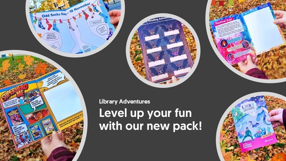 Images of cover and inside pages of new Library Adventures booklet in bubbles.