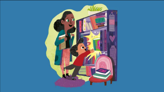 Image of librarian helping a child find a marvellous, magical book
