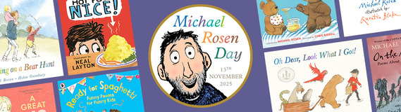 Header block for Michael Rosen Day showing cartoon of him and book covers
