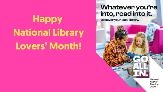 National Year of Reading image with text saying Happy National Library Lovers' Month in yellow on pink background