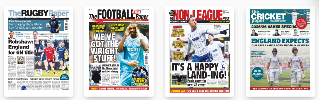 Images of newspaper front covers from the Football Paper, the Rugby Paper and the Cricket Paper