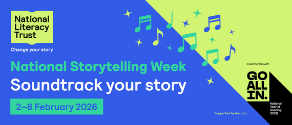 Banner for National Storytelling Week, 2 - 8 February 2026, soundtrack your story. Colours blue, green and yellow, images of musical notes