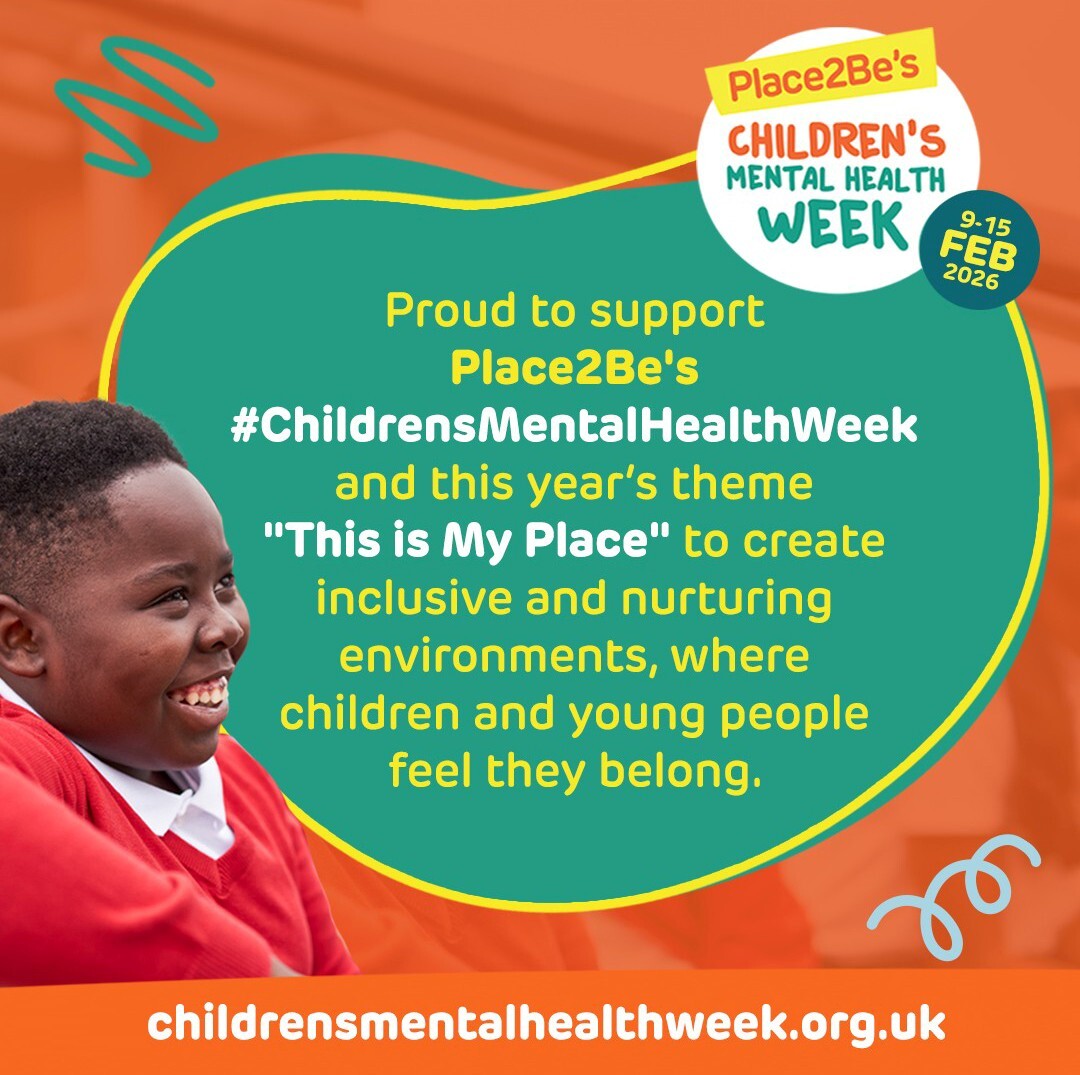 Graphic showing support for children's mental health week and the theme This is my place. Green with orange border and image of smiling boy. 