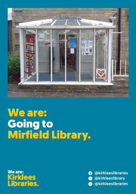 Image of cover of Mirfield Library's social story booklet. Blue border, image of library entrance.