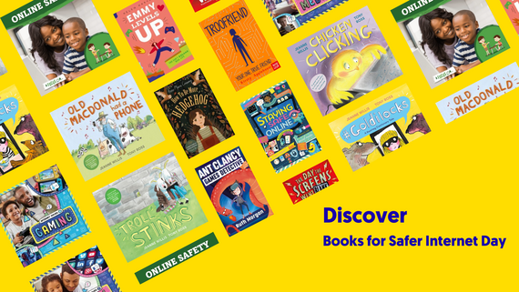 Image of book covers on yellow background with text saying discover books for safer internet day 2026