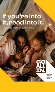 National Year of Reading image of family sharing a book, yellow background, text reads if you're into it, read into it
