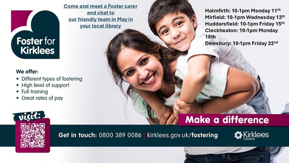 Image of smiling woman carrying a happy child on her back. Logo Foster for Kirklees. 