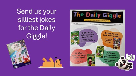 Image with joke page of activity pack, front cover, cartoon pictures of giggling animals and the text send us your silliest jokes for the daily giggle