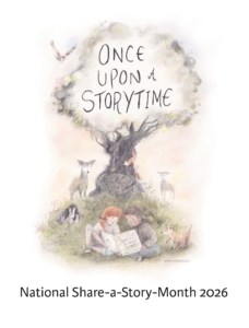 Image for National share a story month - children reading under a tree
