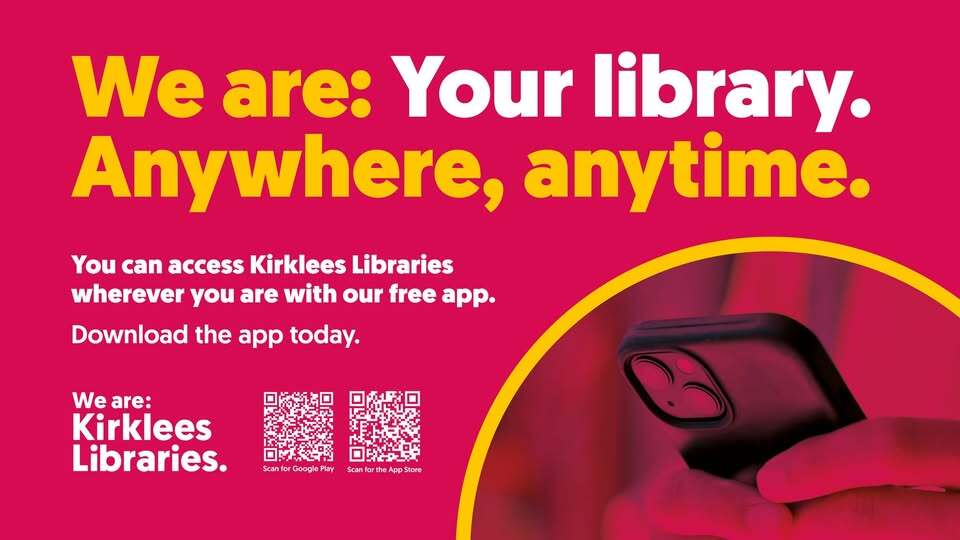 Banner for library app, pink background, text reads we are your library anywhere anytime