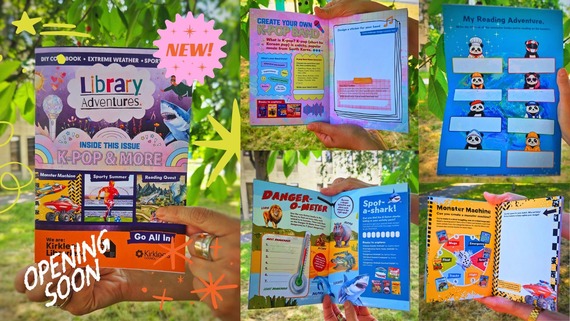 Images of new Library Adventures booklet including K-Pop page, Dangerous animals and monster machines with summery trees in background