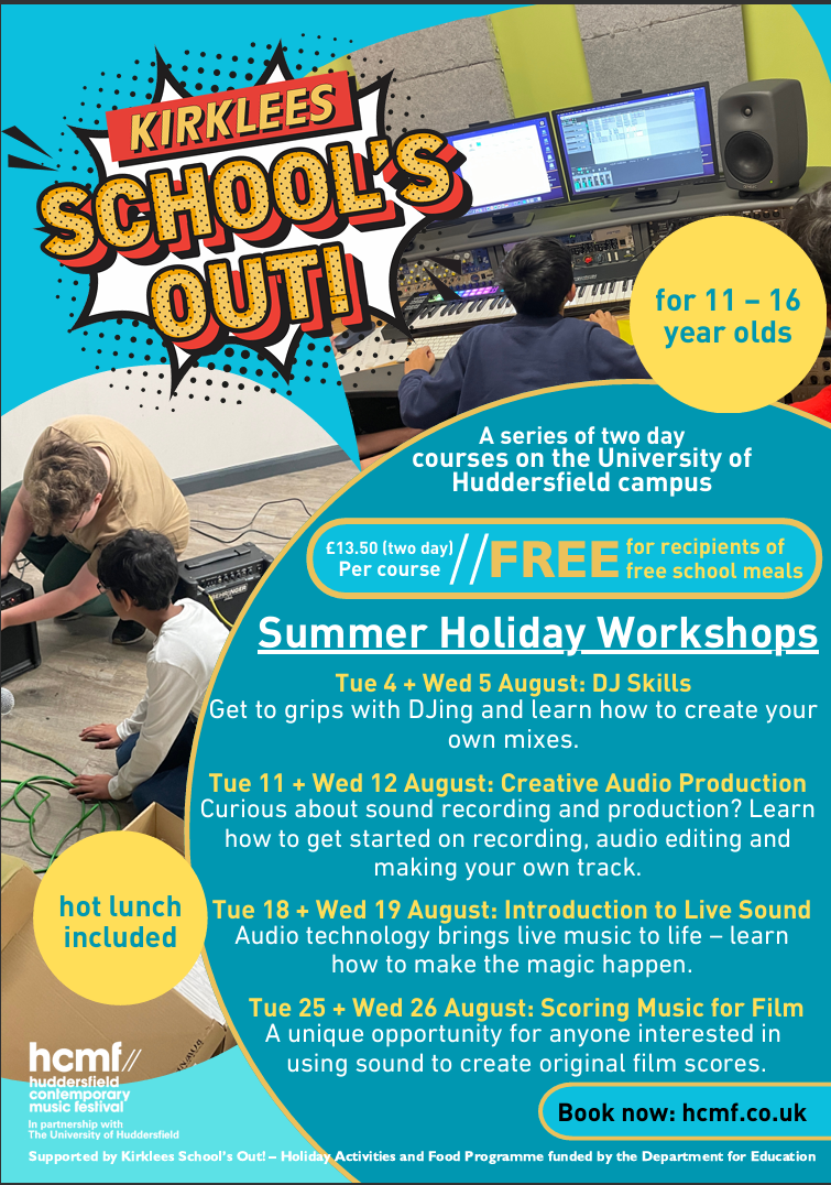 Poster for hcmf schools out activity showing young person using keyboard and computer