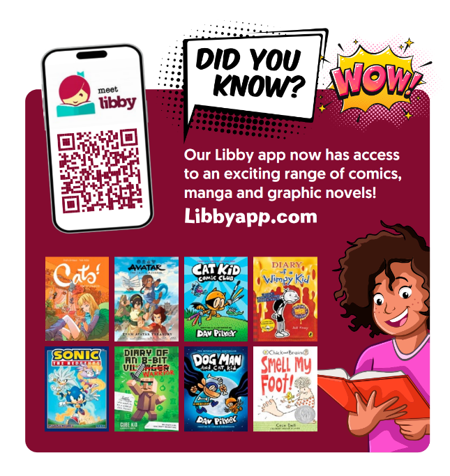 8 comic books. Did you know Libby app has an exciting range of comics,  manga and graphic novels!  Libbyapp.com
