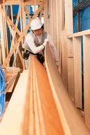 Man using plywood on building site