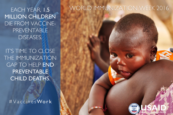 A photo of a baby looking over its mother's shoulder. Each year, 1.5 million children die from vaccine-preventable diseases. World Immunization Week 2