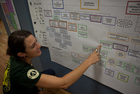 Megan Helton (Texas Conservation Corps), explains the organization of the flow chart at the JFO in Oklahoma City on response to the tornado.