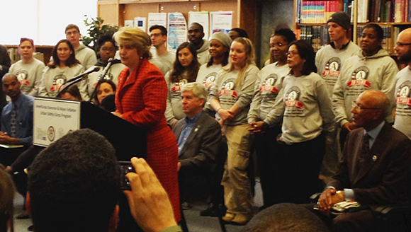 CNCS CEO Wendy Spencer, Michigan Governor Rick Snyder, and Detroit Mayor Dave Bing announce the AmeriCorps Urban Safety Corps.
