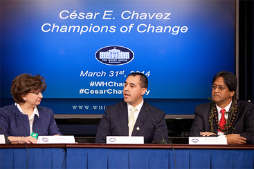Germain Castellanos, an AmeriCorps alum, speaks on a panel at the White House. He was honored as a Champion of Change.