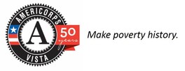 AmeriCorps VISTA 50th anniversary logo, with tagline "Make poverty history."