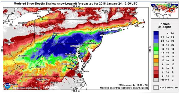 Snowfall Map of the United States for the Blizzard 2016