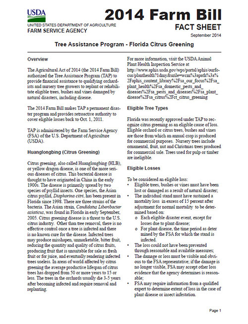 Tree Assistance Program - Florida Citrus Greening factsheet image