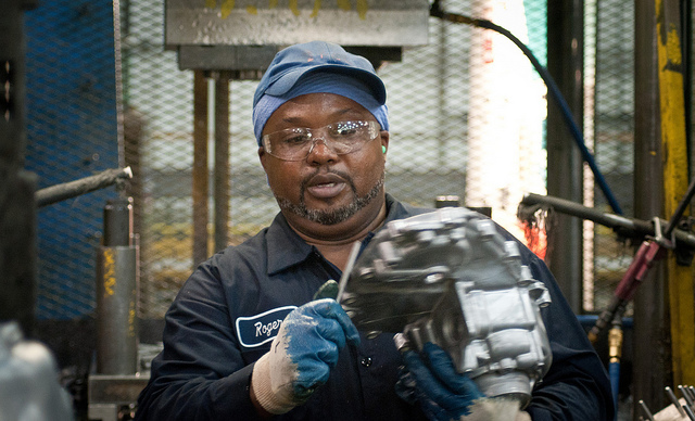 Trim Operator Roger Brown at Port City Group’s Port City Castings Corporation manufactures high-pressure aluminum die-castings, mostly for the automot