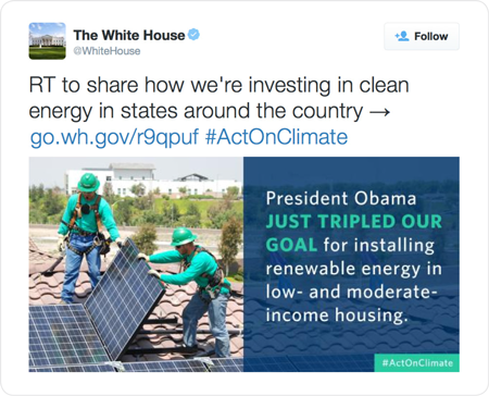 RT to share how we're investing in clean energy in states around the country → http://go.wh.gov/r9qpuf  #ActOnClimate 