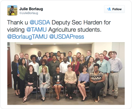 Thank u @USDA Deputy Sec Harden for visiting @TAMU Agriculture students. @BorlaugTAMU @USDAPress 