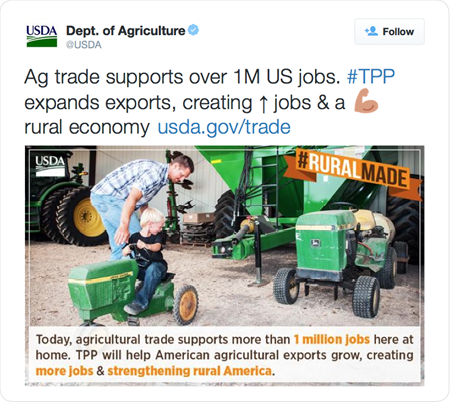 Ag trade supports over 1M US jobs. #TPP expands exports, creating ↑ jobs & a  rural economy http://www.usda.gov/trade  