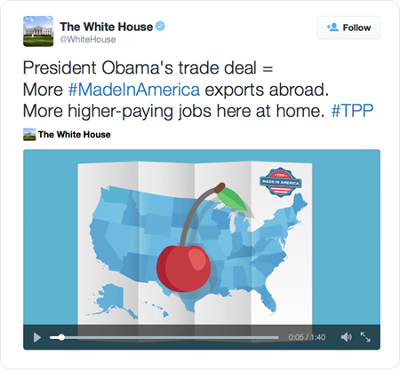 President Obama's trade deal = More #MadeInAmerica exports abroad. More higher-paying jobs here at home. #TPP 