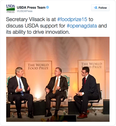 Secretary Vilsack is at #foodprize15 to discuss USDA support for #openagdata and its ability to drive innovation. 