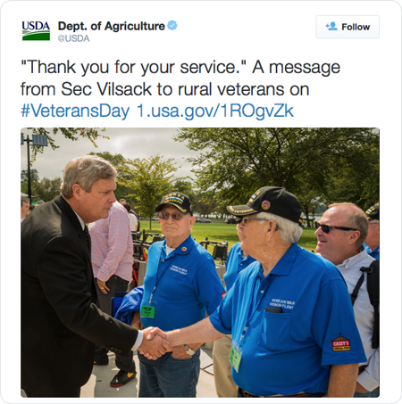 "Thank you for your service." A message from Sec Vilsack to rural veterans on #VeteransDay http://1.usa.gov/1ROgvZk  