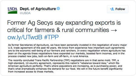 Former Ag Secys say expanding exports is critical for farmers & rural communities → http://ow.ly/UTwdB  #TPP 