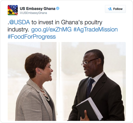 .@USDA to invest in Ghana's poultry industry. http://goo.gl/exZhMG  #AgTradeMission #FoodForProgress 
