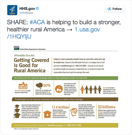 SHARE: #ACA is helping to build a stronger, healthier rural America → http://1.usa.gov/1HQYIjU  