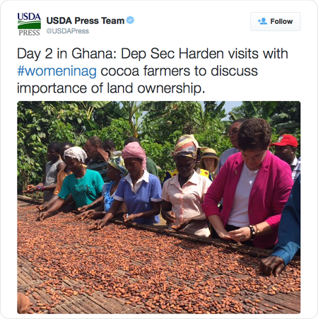 Day 2 in Ghana: Dep Sec Harden visits with #womeninag cocoa farmers to discuss importance of land ownership.