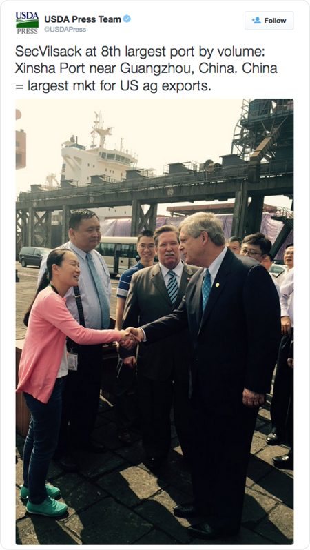 SecVilsack at 8th largest port by volume: Xinsha Port near Guangzhou, China. China = largest mkt for US ag exports. 