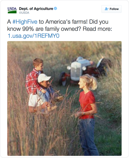 A #HighFive to America's farms! Did you know 99% are family owned? Read more: http://1.usa.gov/1REFMY0  