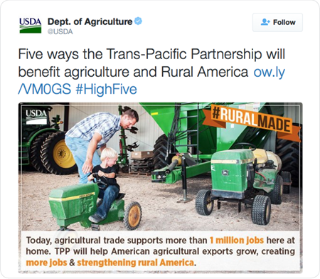 Five ways the Trans-Pacific Partnership will benefit agriculture and Rural America http://ow.ly/VM0GS  #HighFive 