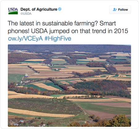 The latest in sustainable farming? Smart phones! USDA jumped on that trend in 2015 http://ow.ly/VCEyA  #HighFive 