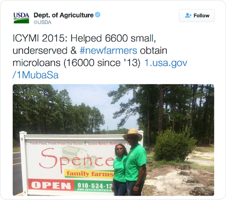 ICYMI 2015: Helped 6600 small, underserved & #newfarmers obtain microloans (16000 since '13) http://1.usa.gov/1MubaSa  