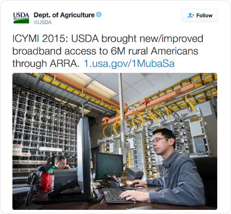 ICYMI 2015: USDA brought new/improved broadband access to 6M rural Americans through ARRA. http://1.usa.gov/1MubaSa  