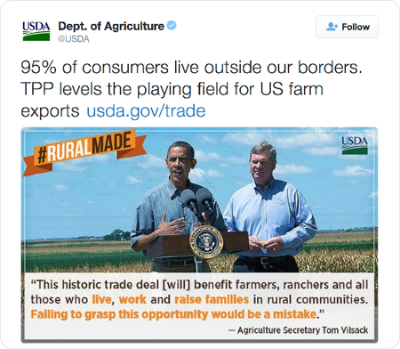 95% of consumers live outside our borders. TPP levels the playing field for US farm exports http://www.usda.gov/trade  