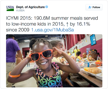 ICYMI 2015: 190.6M summer meals served to low-income kids in 2015, ↑ by 16.1% since 2009 http://1.usa.gov/1MubaSa  