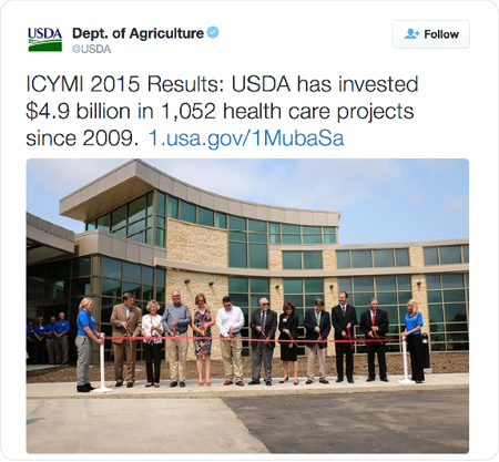 ICYMI 2015 Results: USDA has invested $4.9 billion in 1,052 health care projects since 2009. http://1.usa.gov/1MubaSa 